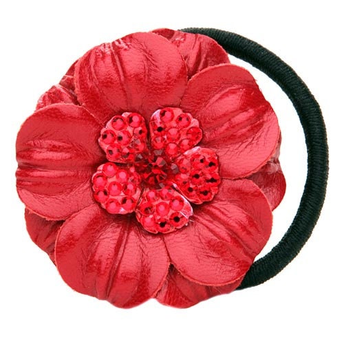 Karin's Garden 2 1/4" The COCO Red Leather & Crystal Flower Hair Elastic Handmade in the USA