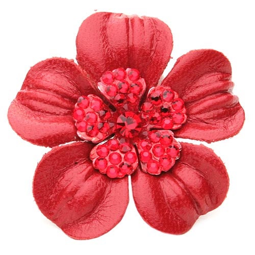 Coco Red Petite Leather & Crystal Flower Pin & Clip, 2.25"