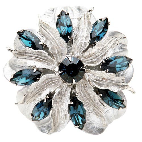 Blue & Silver Metal Crystal Leather Flower Pin & Clip, 3"