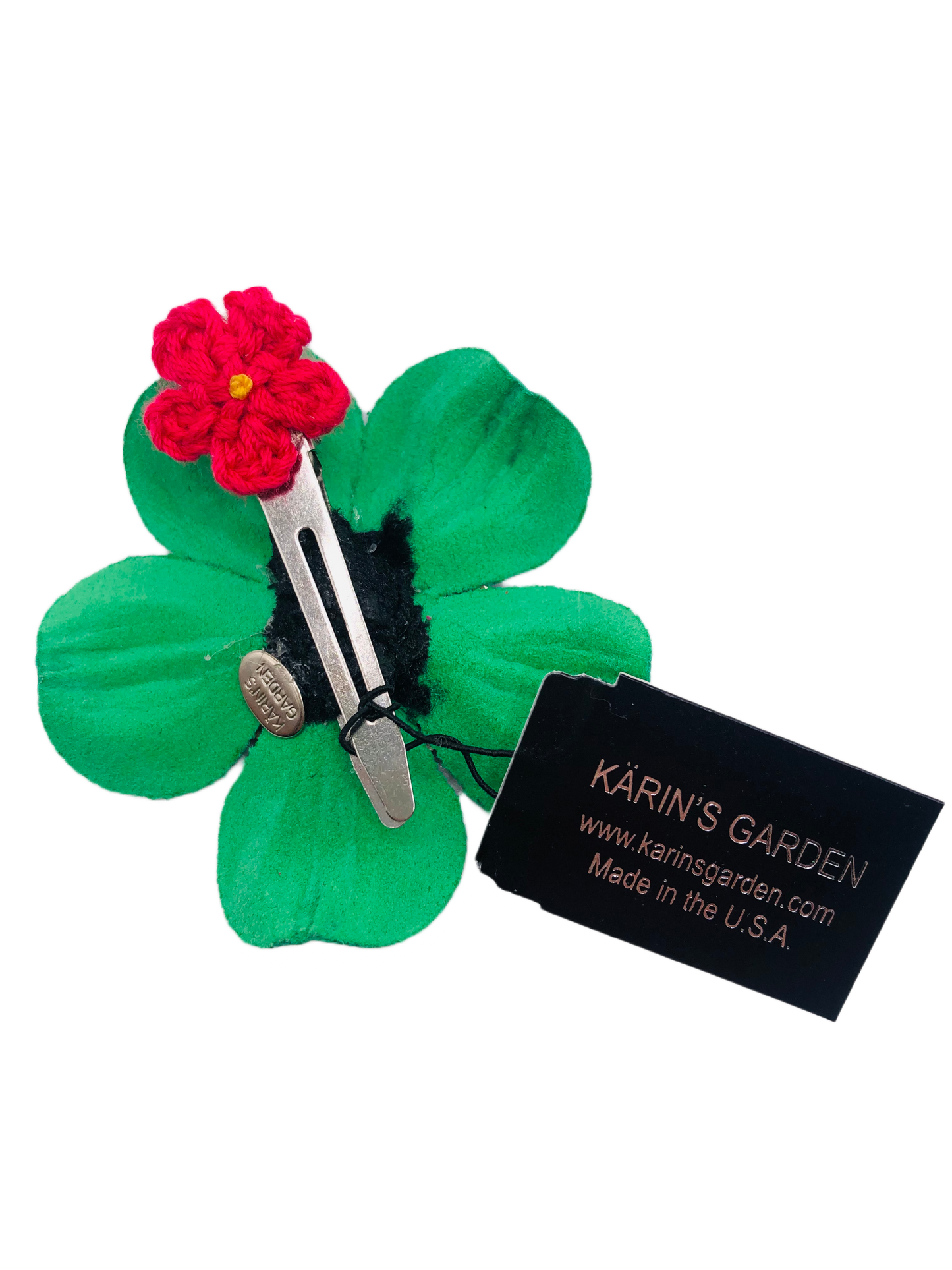 Karin's Garden 2.25" THE COCO  Petite Green Leather & Crystal Flower Pin & Clip. Made in the USA