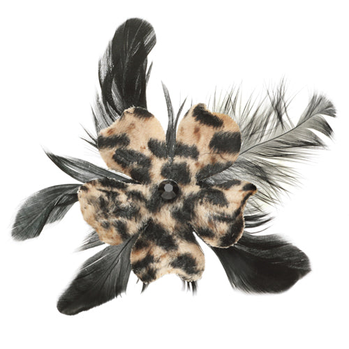 Karin's Garden Leopard Print & Black Feather Pin-Clip Duo.  Size 2.25"