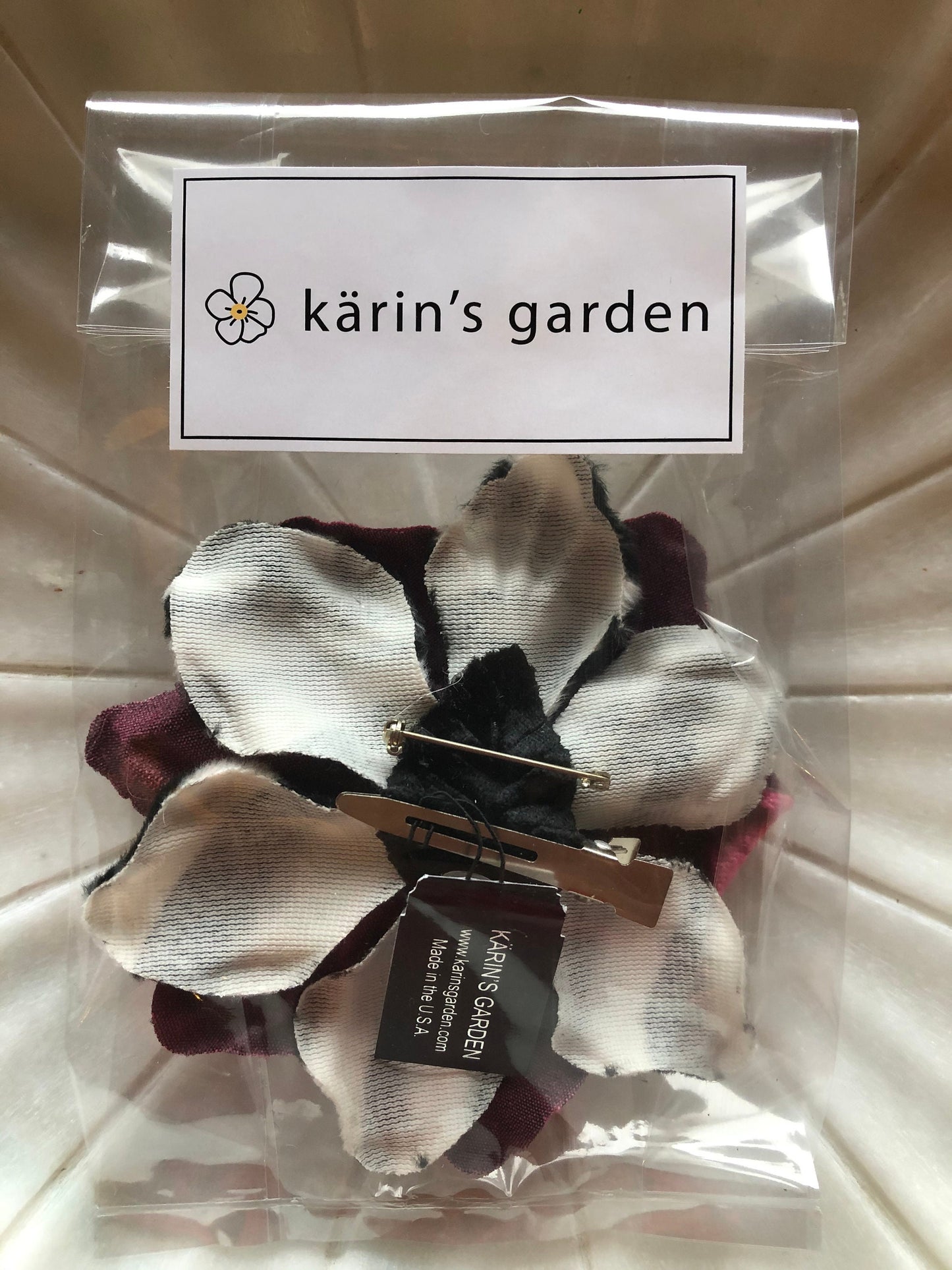Karin’s Garden 4" Pink Zebra Faux Fur and Velvet Pin or Clip into hair or onto lapel.