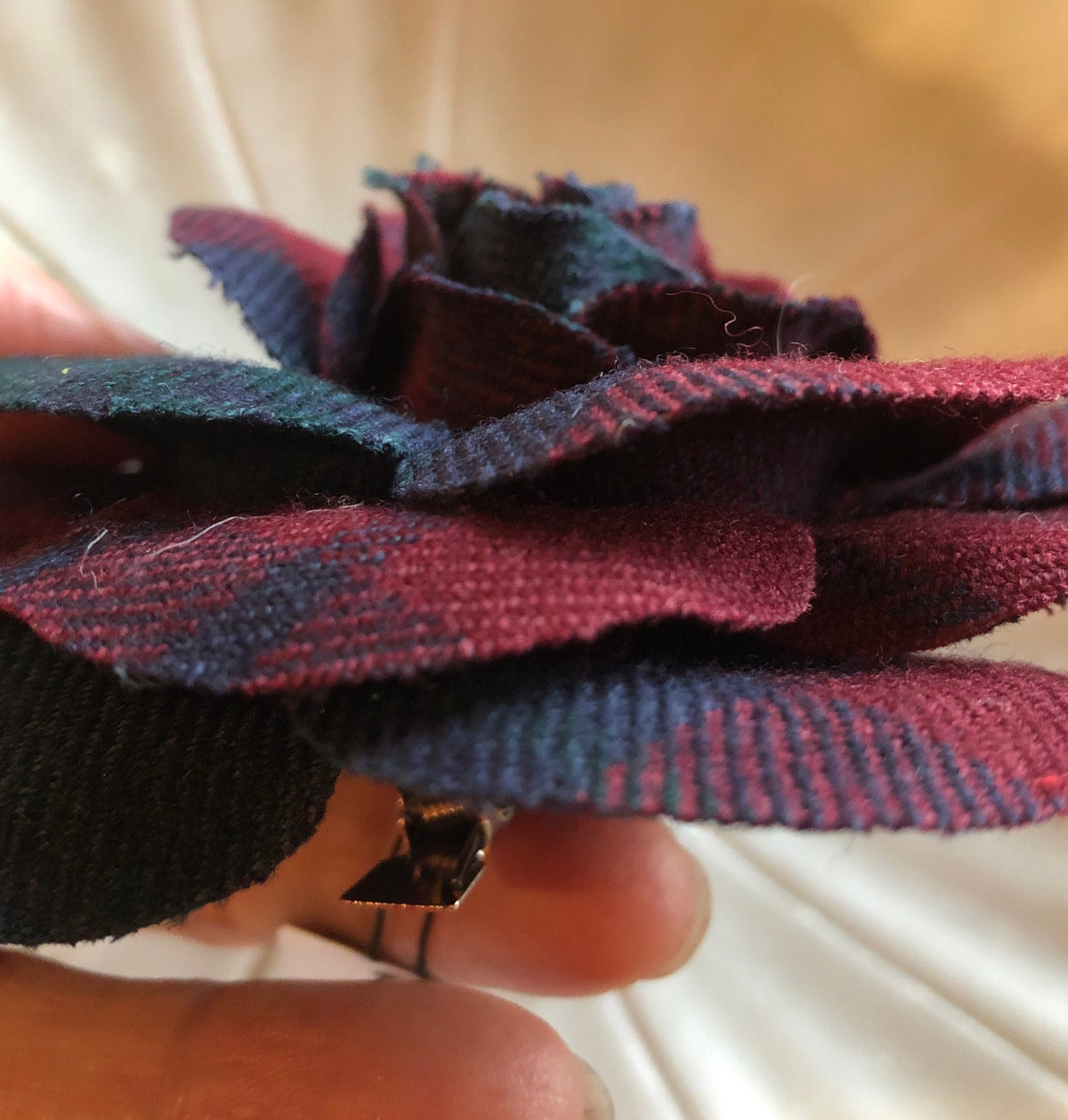 Anna Burgundy Wool Plaid Rose Pin & Clip, 4"