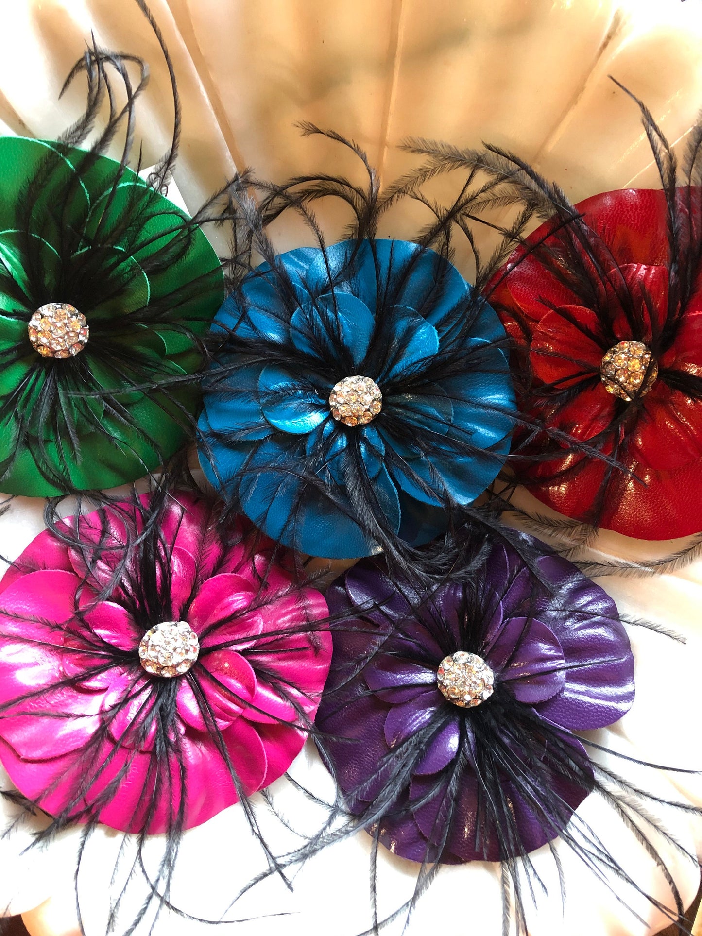 Karin's Garden 4" Purple Leather Camellia Pin and Pinch Clip. Feathers and rhinestones in the center. Handmade in the USA.
