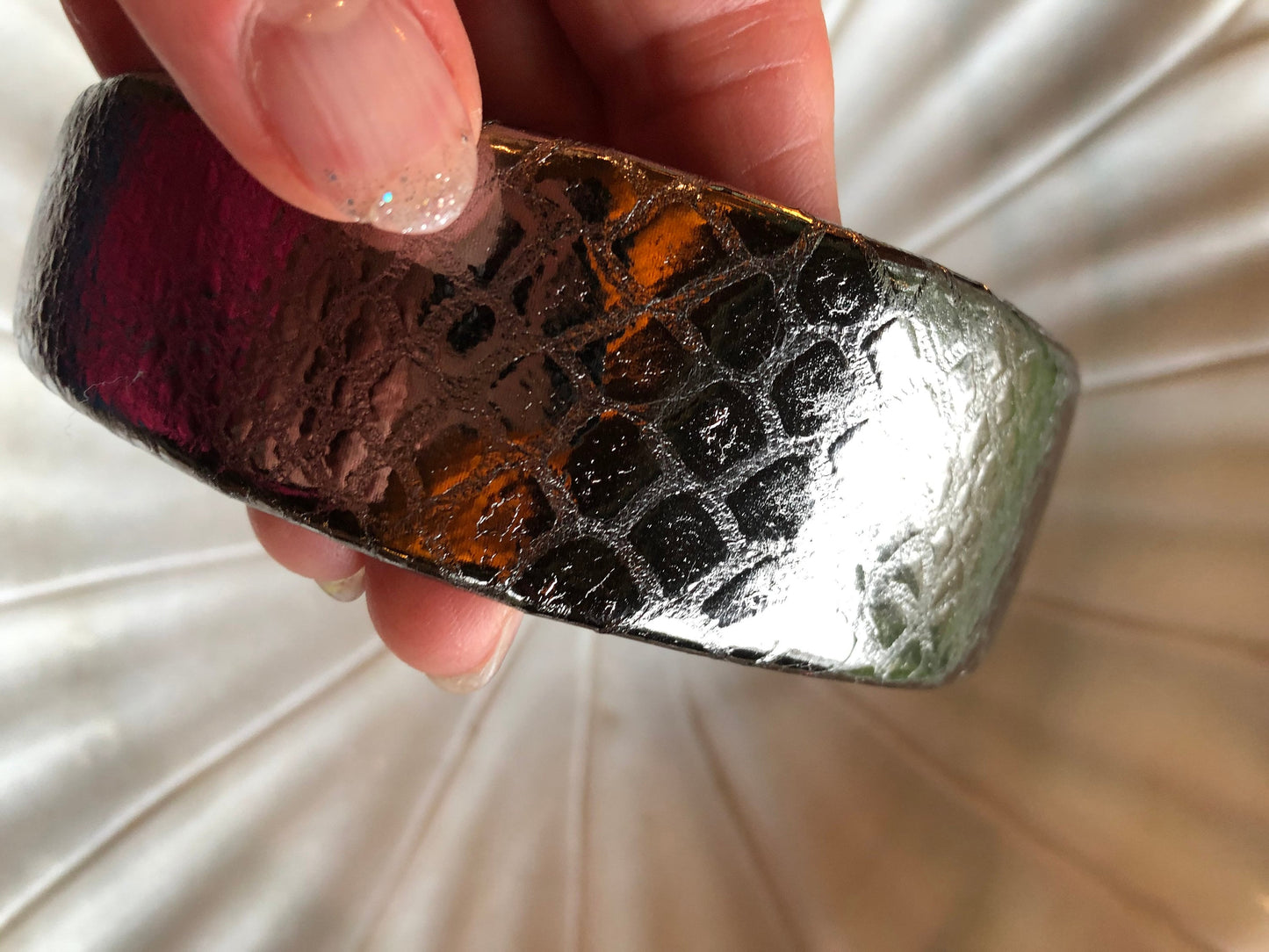 Pewter, Leather Headband by Karin's Garden. Embossed Leather. Made in the USA. Size 1 1/2". Comfortable