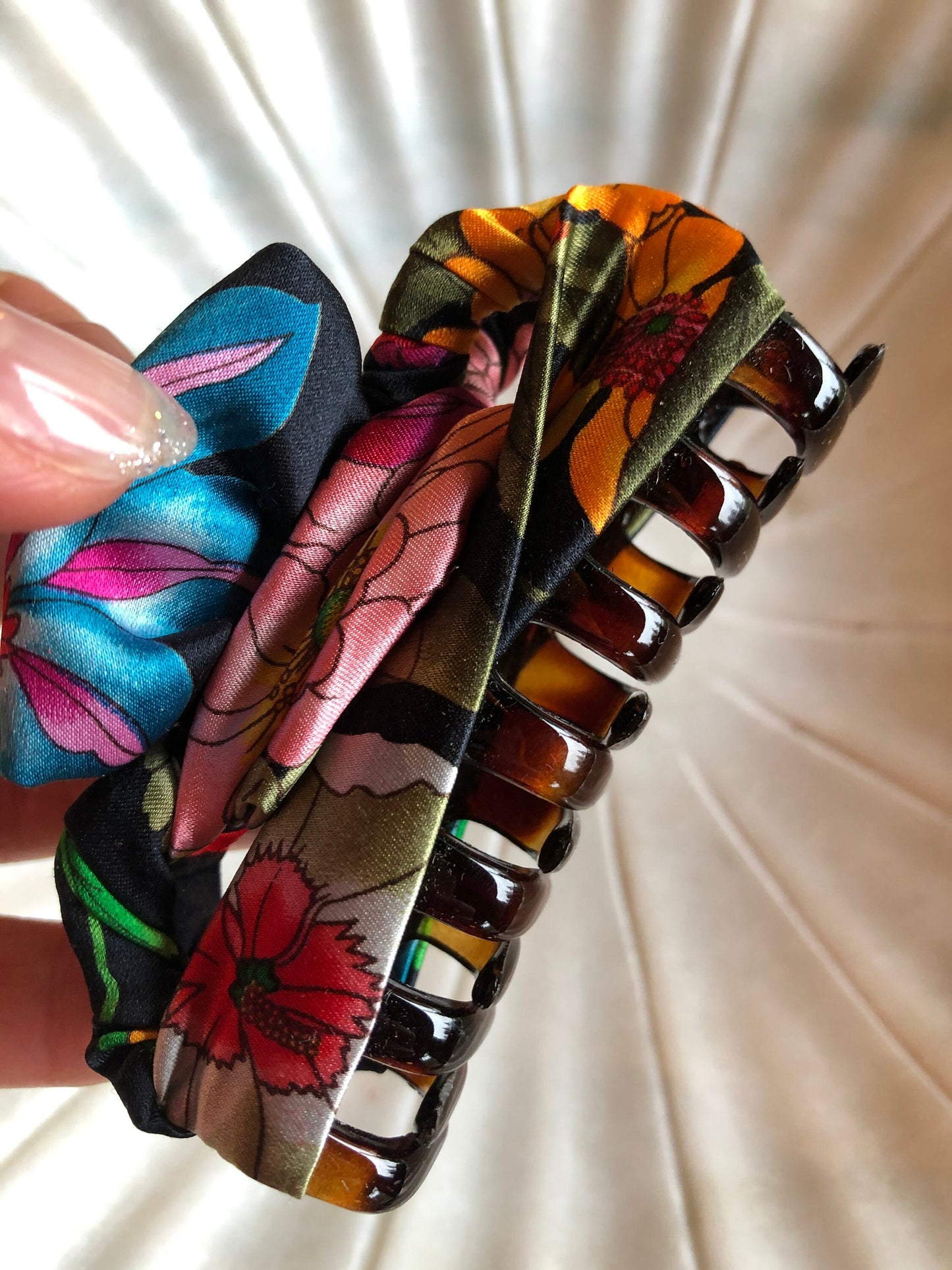 Karin's Garden 4" Black Floral Silk Charmeuse Floral Print Jaw Clip. Made in the USA. Tortoise Clip from France which is high quality.