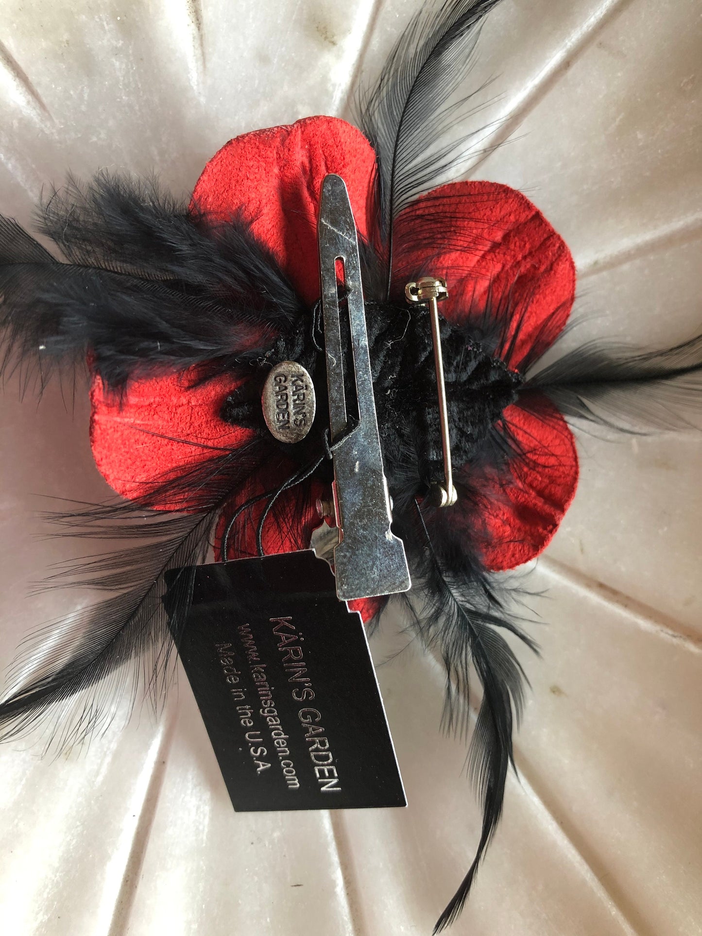 Silver Leather and Feather Petite Brooch and Clip. 2.25" Clip into hair, onto handbag, lapel, dress and more. Made in the USA