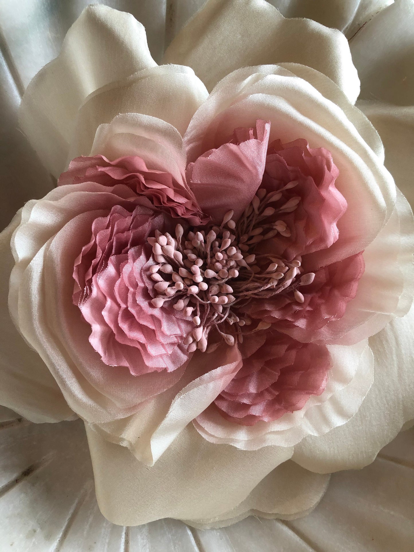 Karin's Garden 6" Ivory/Pink Elegant Silk Rose Pin or Clip.  Flower pin or Flower hair clip.  One of our best sellers.  Seen in Martha Stewart