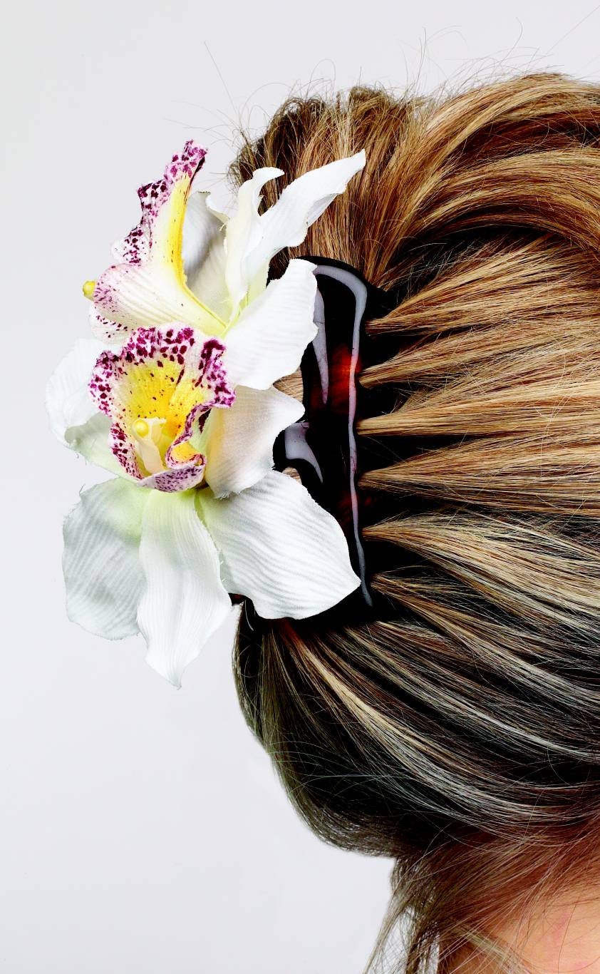 Karin's Garden Chloe 4" Pink Vanda Orchid French Jaw Clip. Hair Accessory Comfortable in your hair. -Available in white, pink, lime. Made in the USA