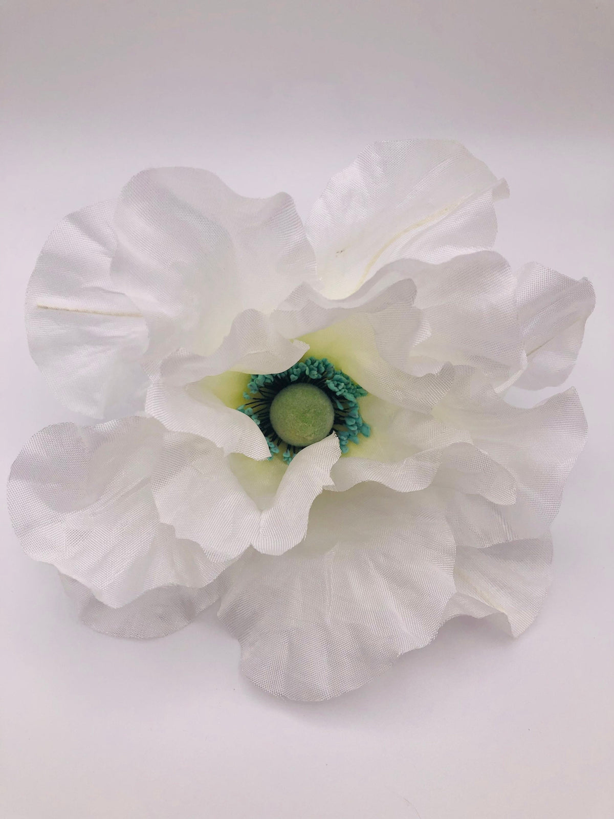 White Vintage German Silk Poppy Brooch & Clip, 5"