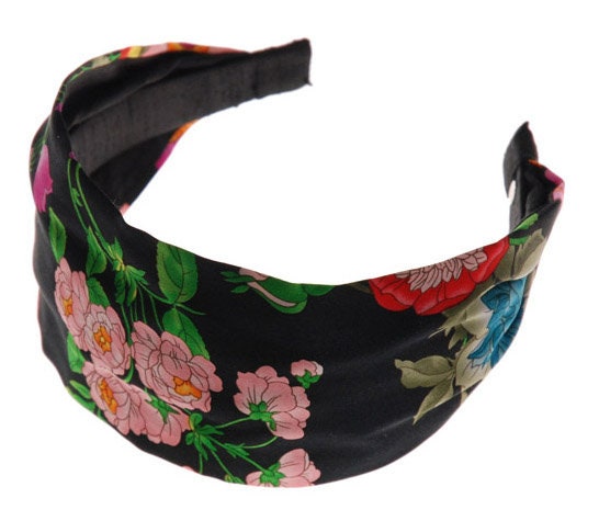 Black Floral "Le Jardin" Silk Scarf Headband Made in the USA . Karin's Garden 4”