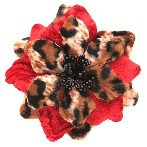 Red Leopard Velvet & Faux Fur Flower Pin & Clip, 4"