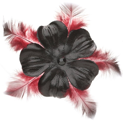 Black Leather & Red Feather Petite Brooch & Clip, 2.25"