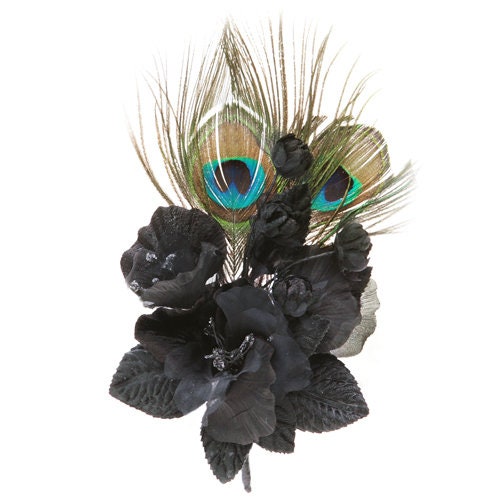 Pavo Fleur Peacock & Black Velvet Flower Brooch, 9"