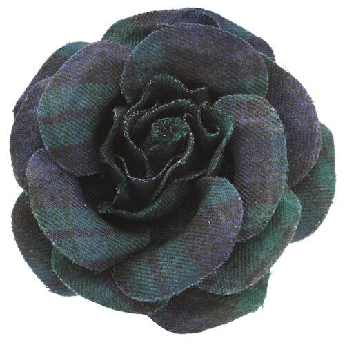 Anna Navy & Green Black Watch Wool Plaid Rose Pin & Clip, 4"