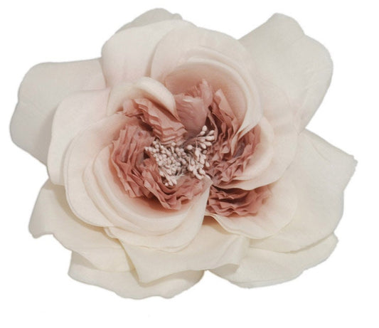 Karin's Garden 6" Ivory/Pink Elegant Silk Rose Pin or Clip.  Flower pin or Flower hair clip.  One of our best sellers.  Seen in Martha Stewart