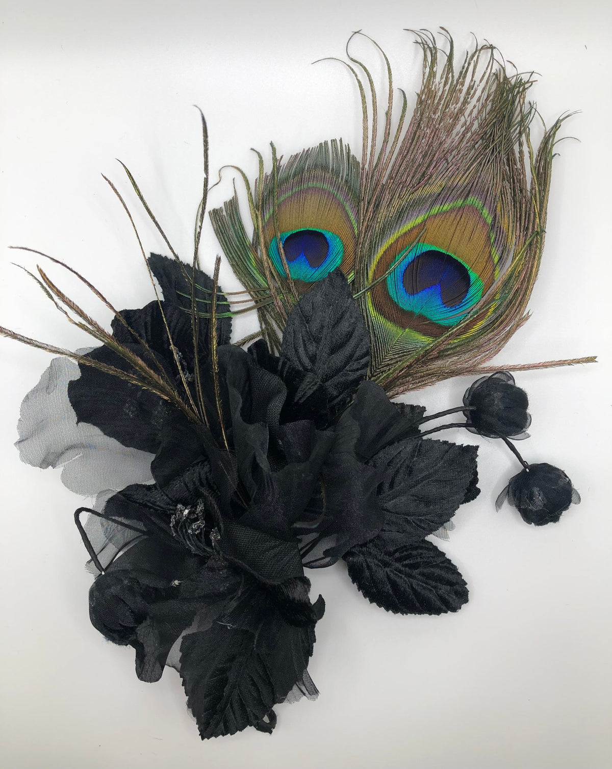 Pavo Fleur Peacock & Black Velvet Flower Brooch, 9"
