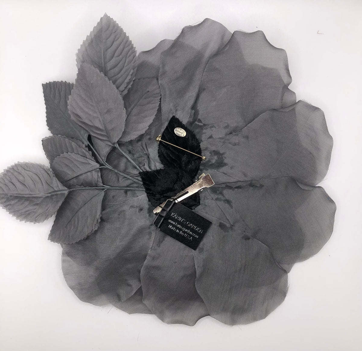 Silver Gray Silk Blend Rose Pin & Clip, 9"