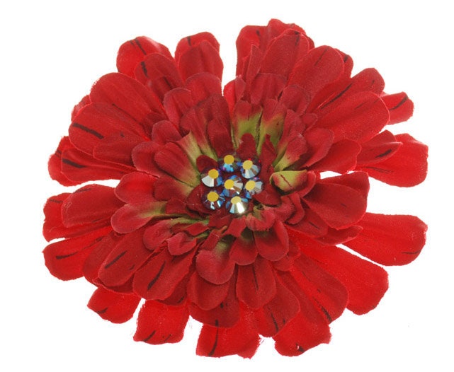 Red Zinnia Brooch & Clip with Crystals, 4"