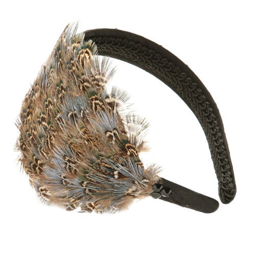 Karin's Garden 1" "Flapper" Blue Tan Feather Headband Black Silk Made in the USA