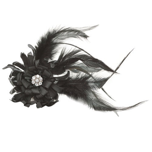 Moulin Black Silk & Feather Brooch & Clip, 3.5"