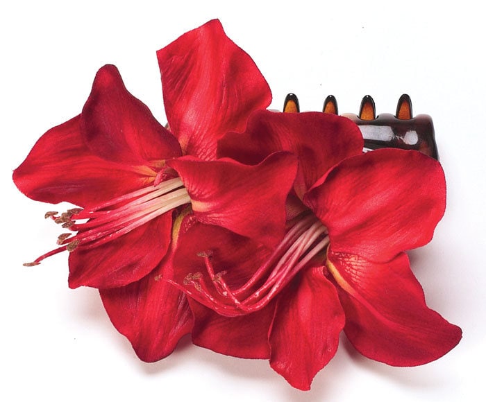 Red Amaryllis French Jaw Clip. Life Like Flowers. Comfortable Clip. Made in the USA