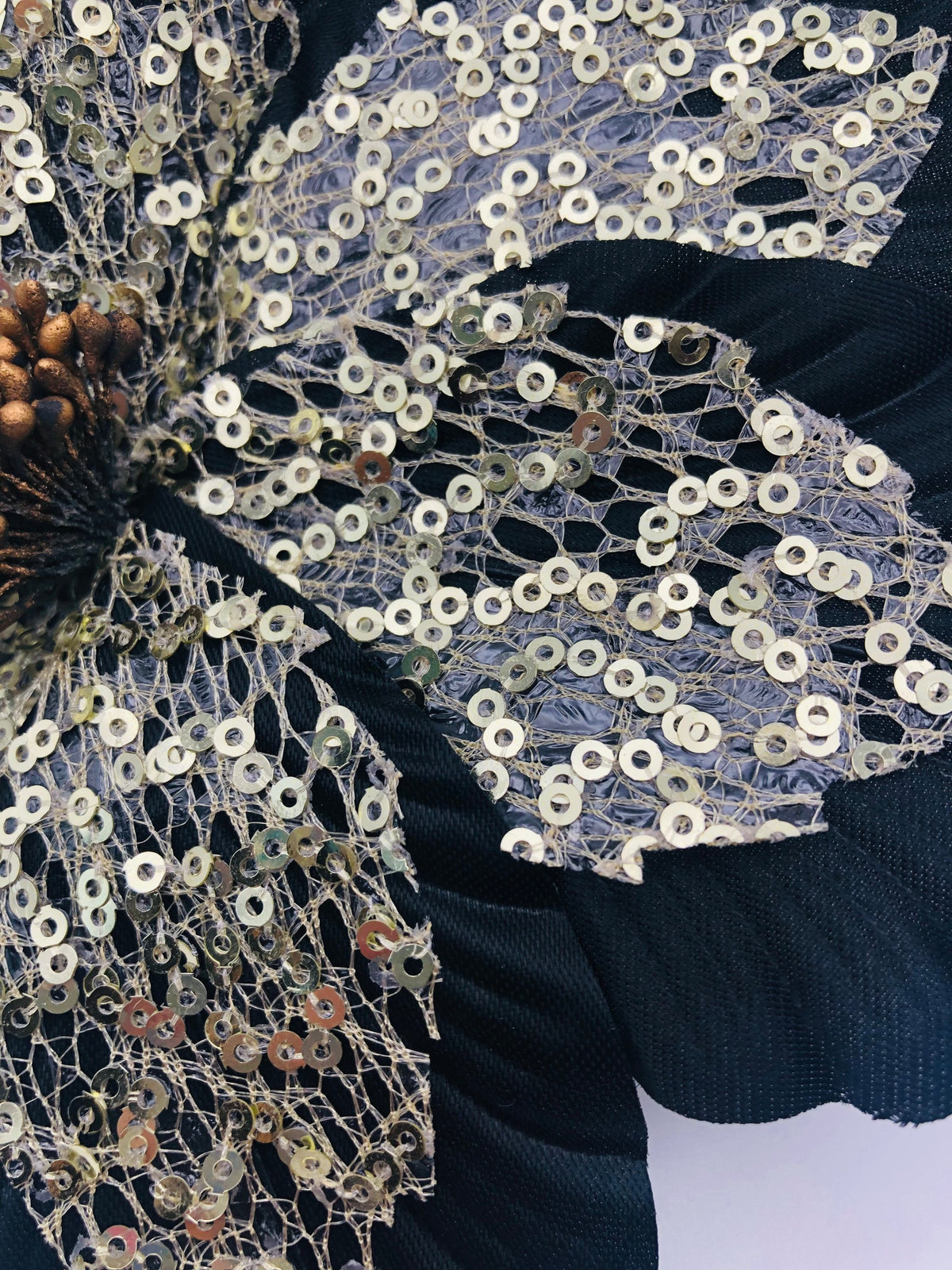 Black & Gold Sequin Hibiscus Brooch & Clip, 6"