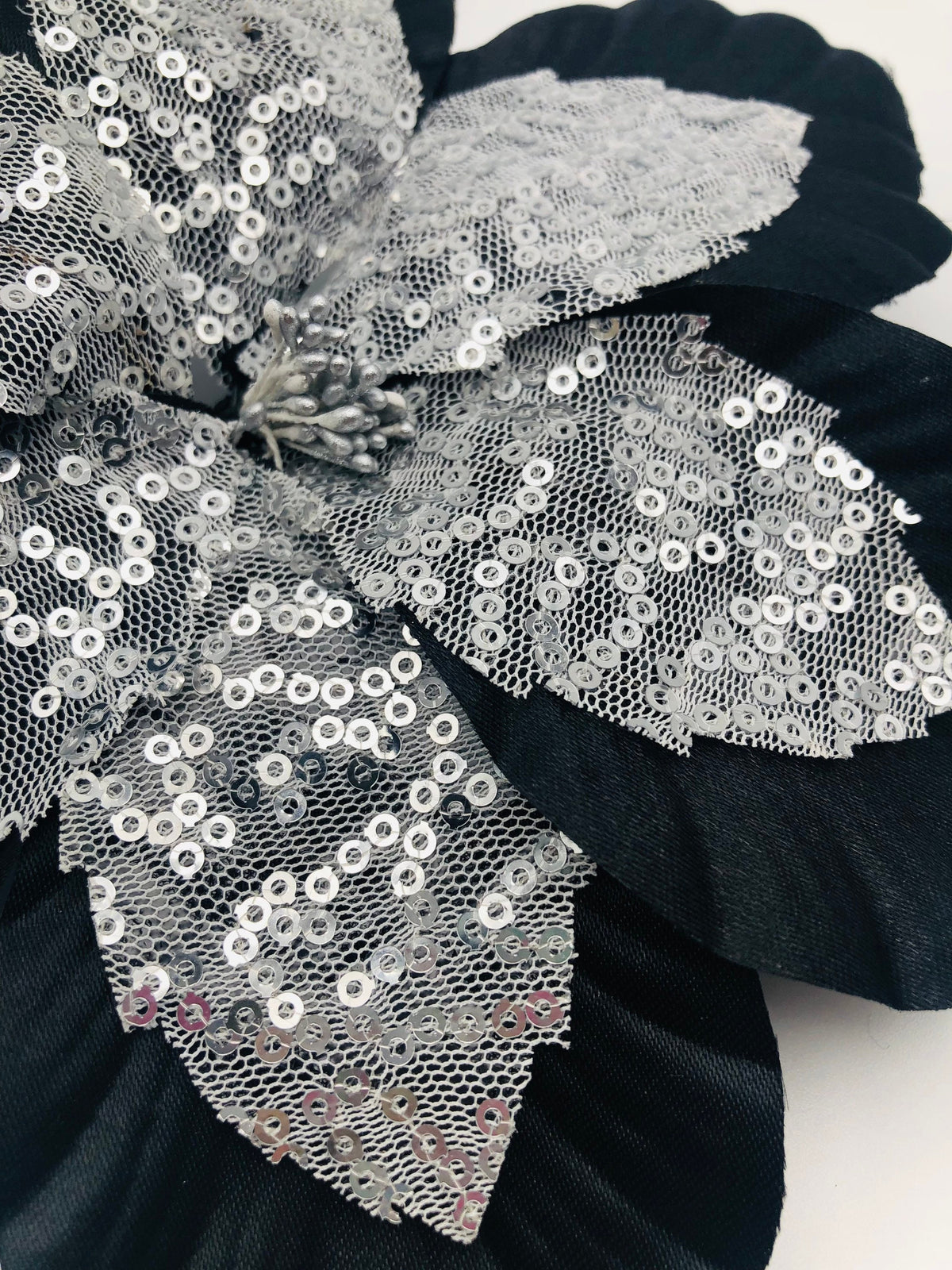 Black & Silver Sequin Hibiscus Brooch & Clip, 6"