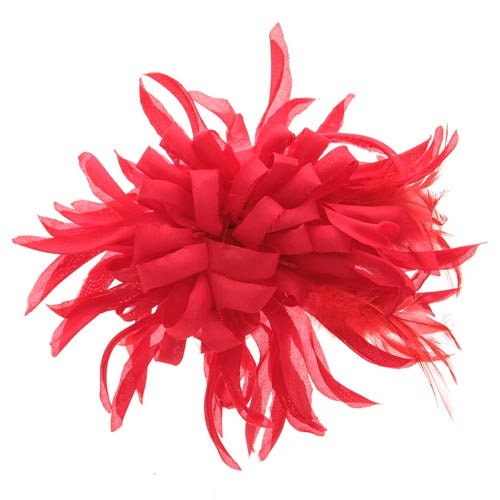 Moulin Red Silk & Feather Flower Brooch & Clip, 5"