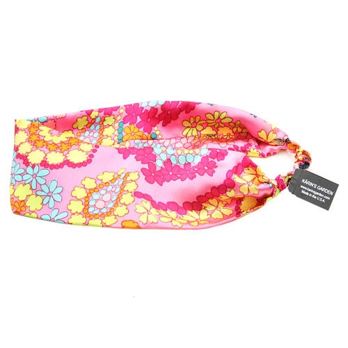 Silk Charmeuse Pink Floral Headwrap, Retro Floral, Fits most, comfortable. Karin's Garden 2 1/2"- 3"