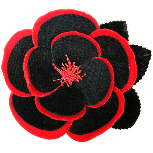 Karin's Garden 4 1/2" Black & Red Velvet Camellia Pin, Hair Jewelry, Clip, Lapel Pin