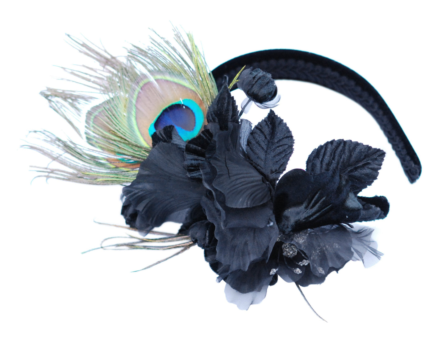 Karin's Garden 1" Black Flowers & Peacock Silk Headband Handmade in the USA