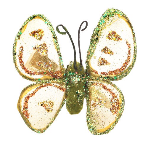 Green & Yellow Sheer Glitter Butterfly Clip, 2 1/4"