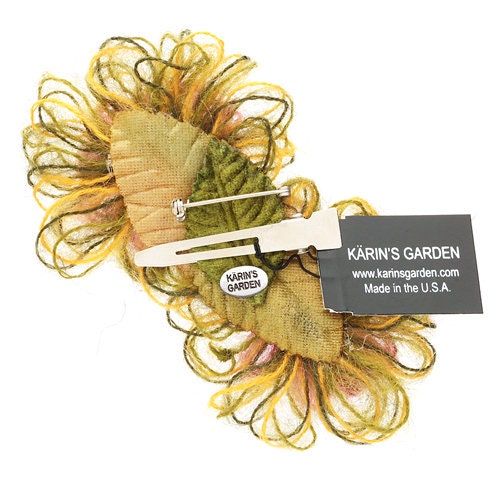 Mohair Flower Orange Yellow with Crystals Brooch & Clip. Handmade in the USA. Karin's Garden 4 1/2 long by 2 1/2 width