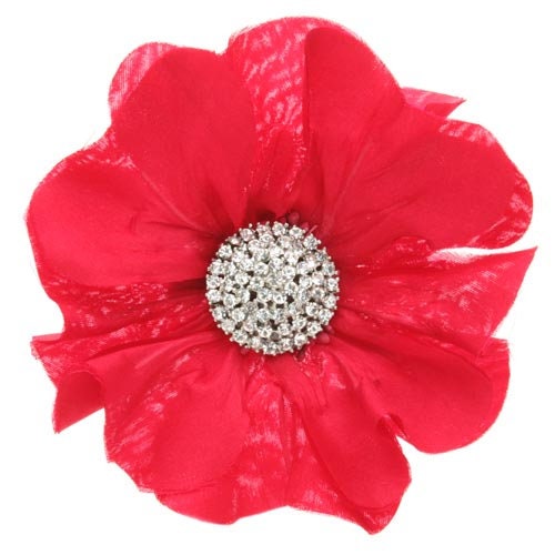 Karin's Garden Emma 3.5" Red Silk Poppy Pin Brooch Clip with Crystals Center Handmade in the USA. Clip into Hair or wear on Lapel.