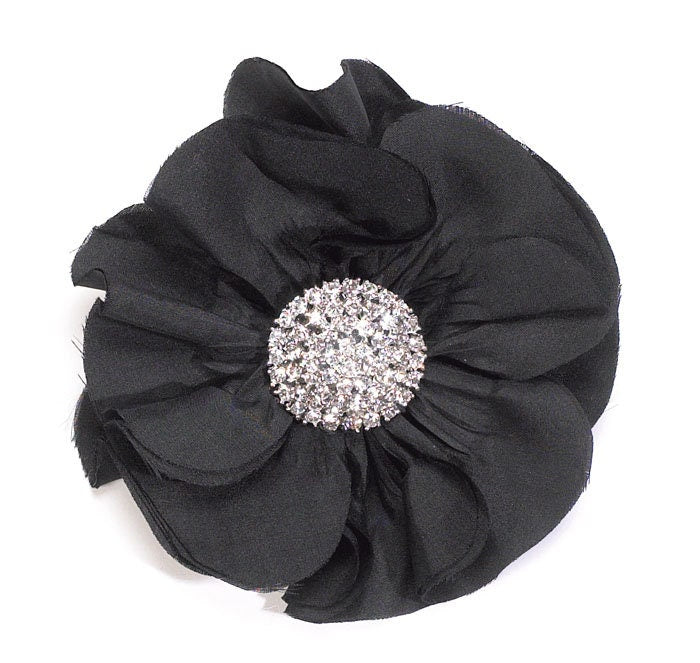 Emma Black Silk Poppy Pin & Clip with Crystal Center, 3.5"