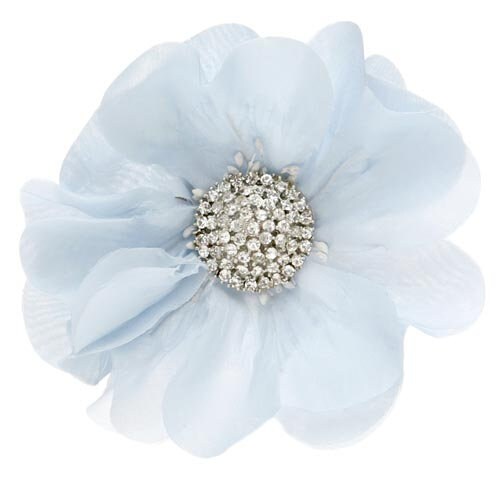 Emma Light Blue Silk Poppy with Crystal Center Brooch & Clip, 3.5"