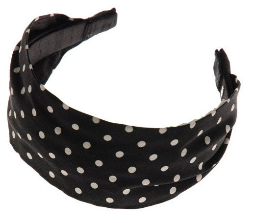 Karin's Garden 2 1/2"- 3" Black & White Silk Charmeuse Polka Dot Scarf Headband. Handmade in the USA