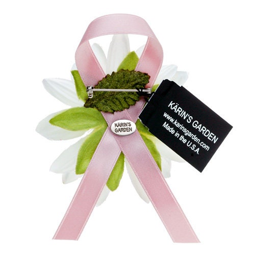 Karin's Garden 2.5w Daisy Breast Cancer Awareness Pin. Flower Pin Brooch. Handmade in the USA. White Daisy With Pink Silk Ribbon