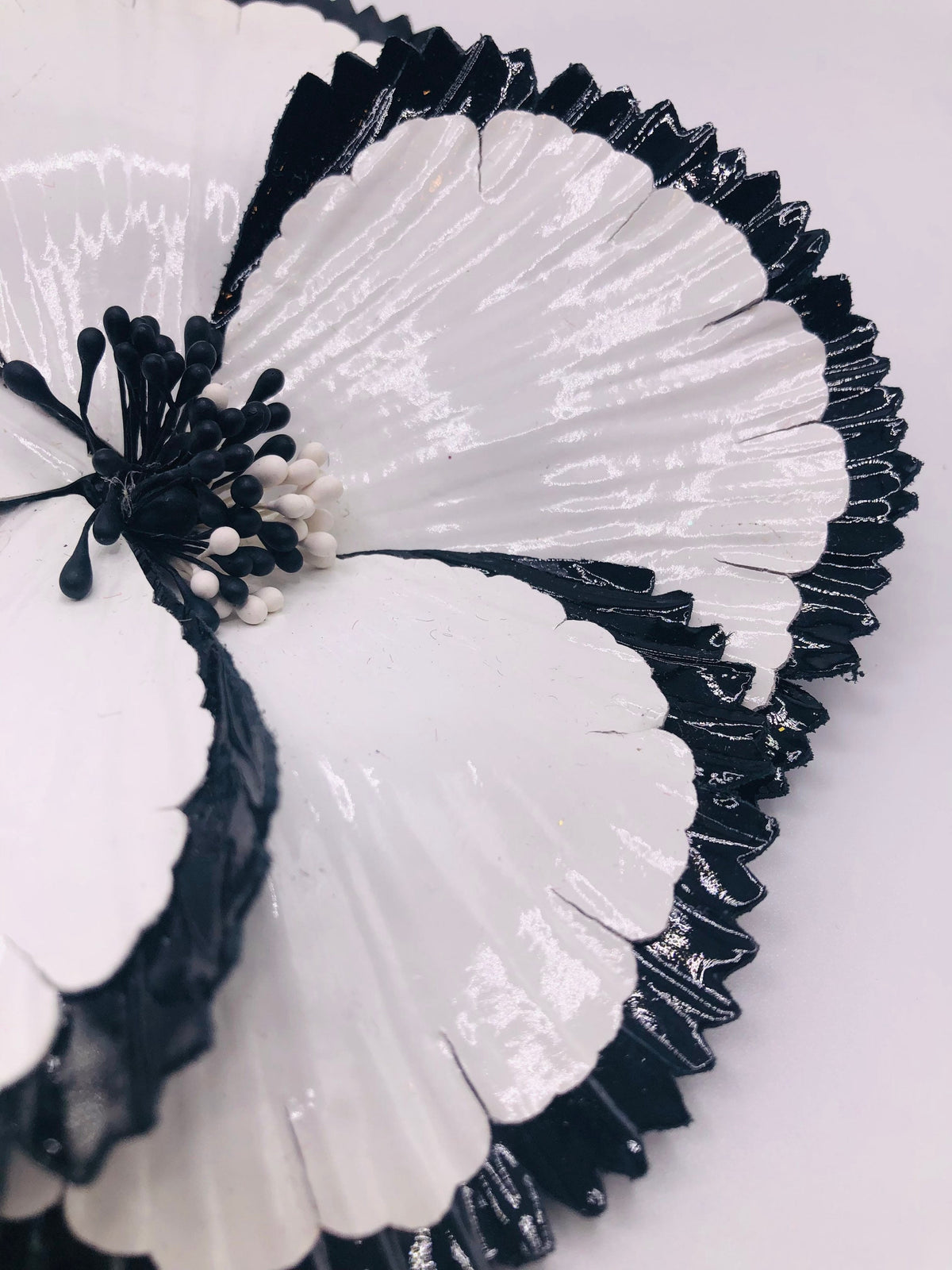 White & Black Patent Leather Camellia Brooch & Clip, 5.5" – Handmade