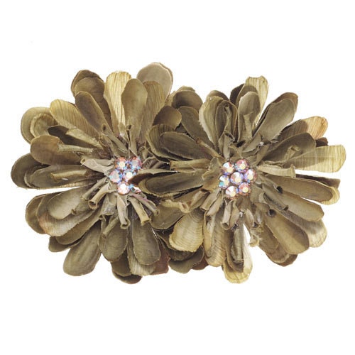 Olive Zinnia & Crystals French Auto Barrette, 4"