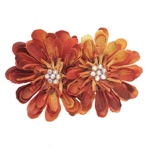 Orange Zinnia & Crystals French Auto Barrette, 4"