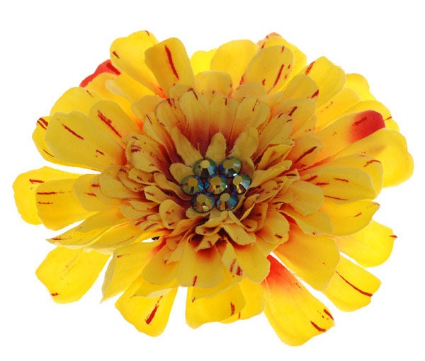 Karin's Garden 4" Yellow Zinnia Flower Pin Brooch Clip with Crystals