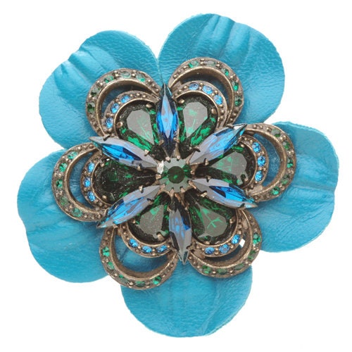 Karin's Garden 2 1/4" Flower Pin Brooch Clip Leather and crystals Made in the USA