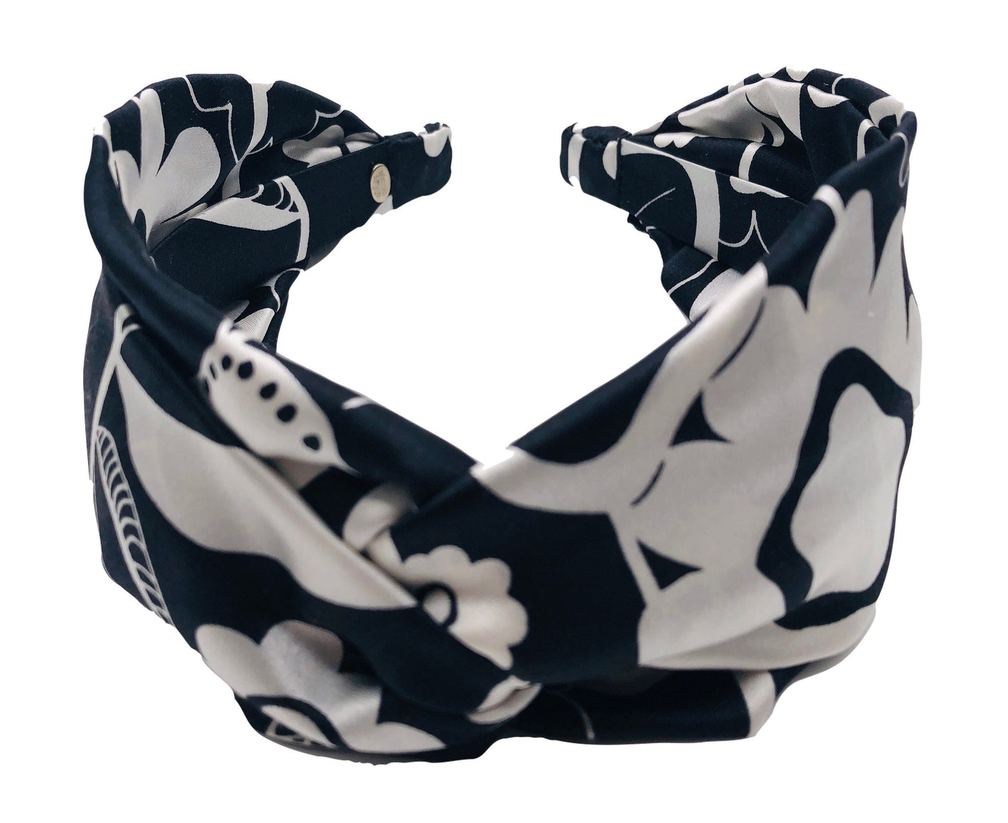 Karin's Garden Silk Black & White Floral Interlocking Headband. Handmade in the USA. In 100% Silk Charmeuse
