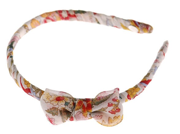Silk Chiffon White Floral Print Headband 3/8" with Bow. Made In The USA