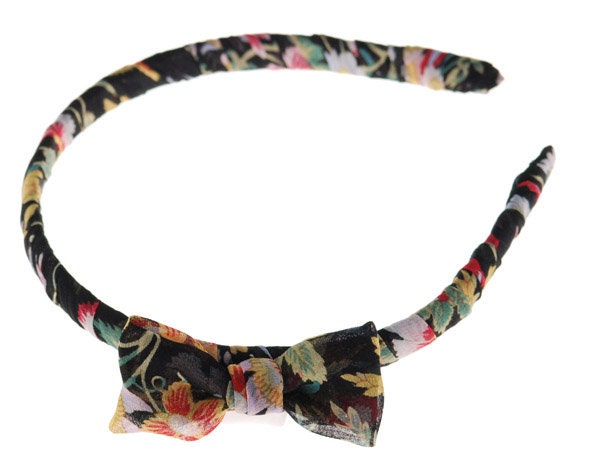Silk Chiffon Black Floral Print Headband 3/8" with Bow. Made In The USA