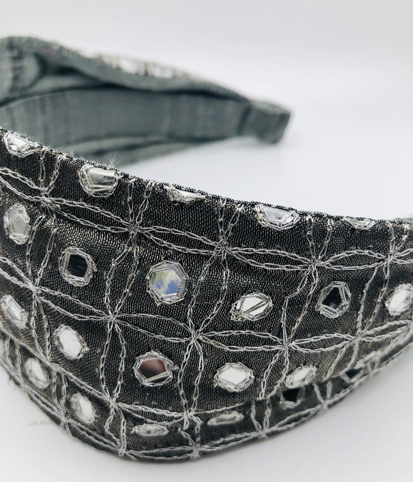 Karin's Garden 2 1/2"- 3"Silver Silk Organza Metallic Scarf Headband with mirrors. Handmade in the USA. Fabric from India