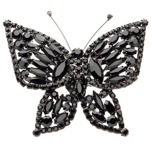 Black Crystal Butterfly Brooch, 3.5"