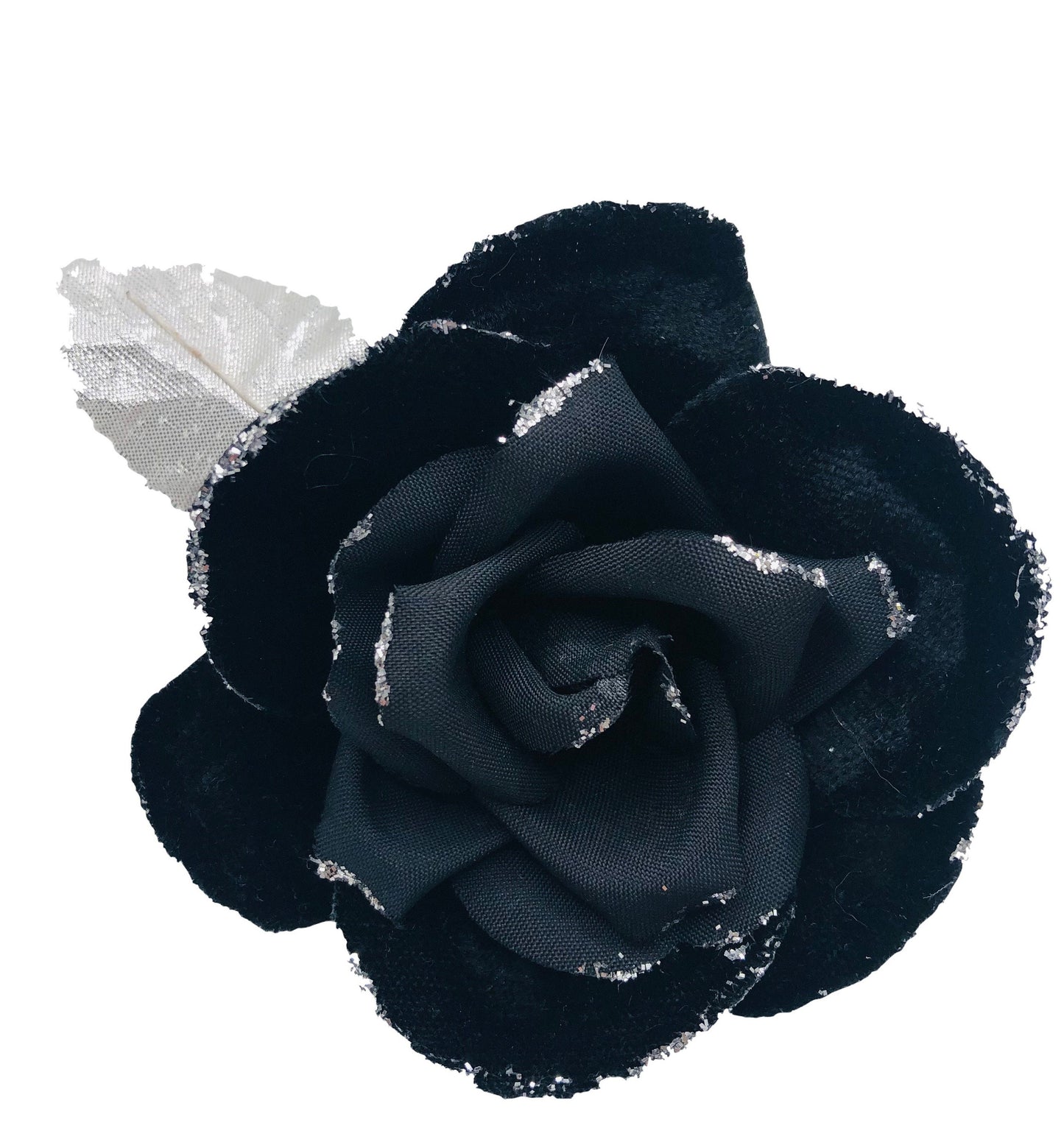 Karin's Garden 3" Mrs. Q. Glam Velvet Blend Black Metallic Edge Rose Pin Brooch Clip. Made in the USA.